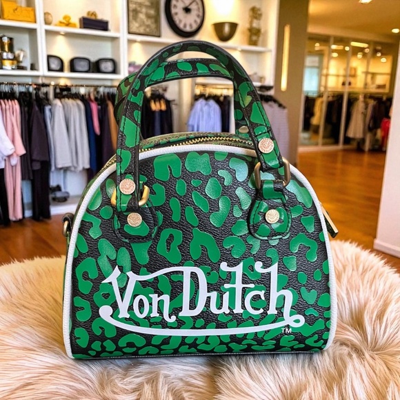 Authentic Von Dutch Lime Cheetah Bowling Bag Crossbody Purse Y2K Retro Vibe - Picture 1 of 14